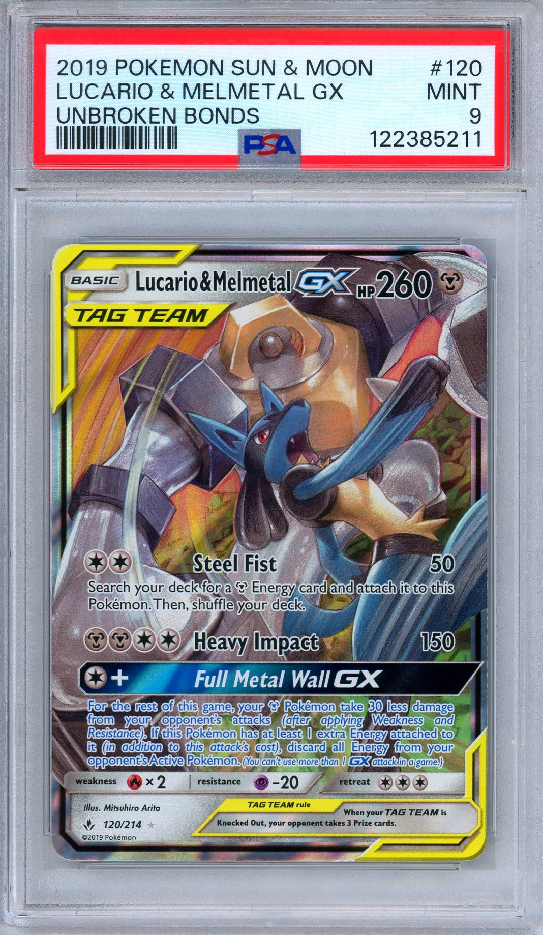 PSA 9 Lucario Melmetal GX 120/214 Unbroken Bonds Ultra Rare Pokemon
