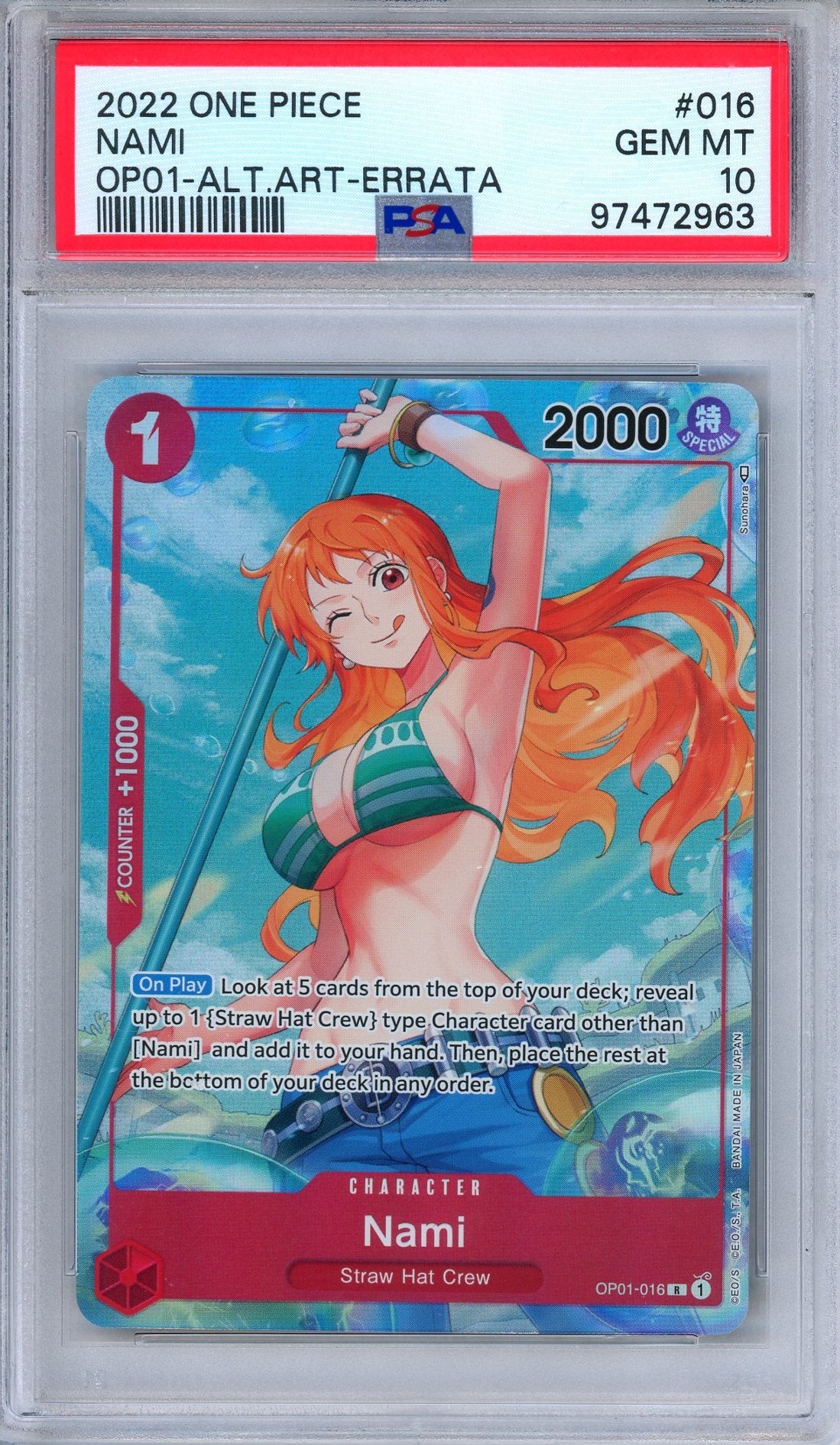 PSA 10 Nami OP01-016 Romance Dawn Beta Errata Alternate Art One Piece