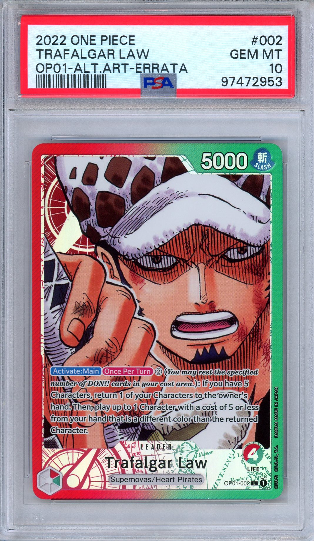 PSA 10 Trafalgar Law OP01-002 Romance Dawn Errata Alternate Art One Piece