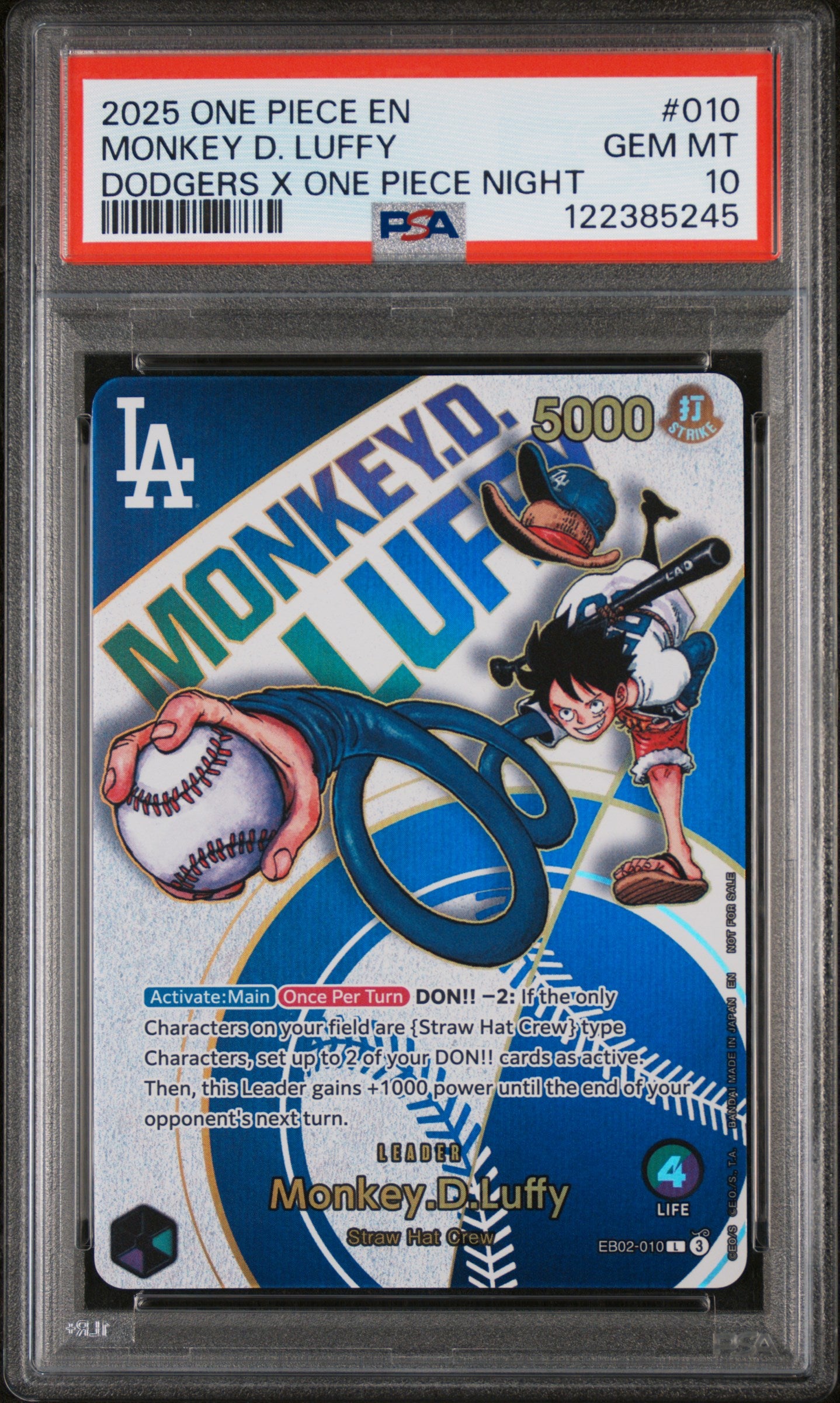 PSA 10 Monkey D. Luffy EB02-010 Dodgers x One Piece Night Promo One Piece