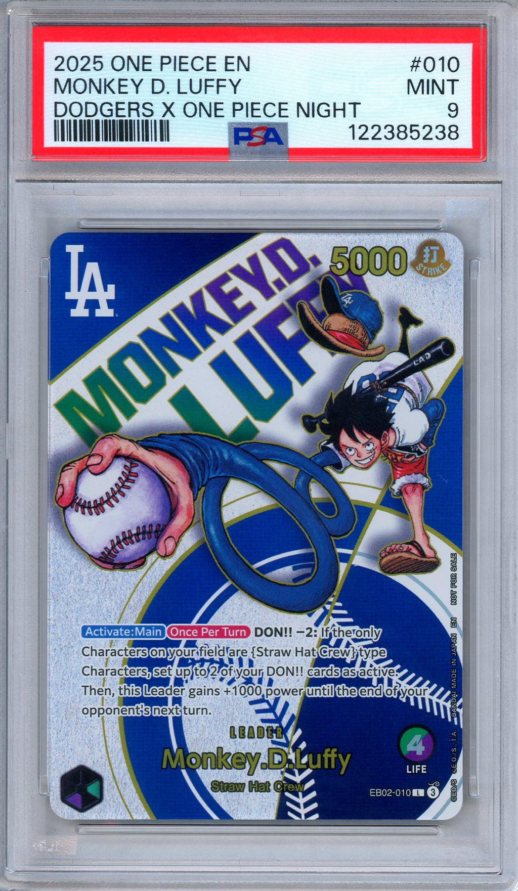 PSA 9 Monkey D. Luffy EB02-010 Dodgers x One Piece Night Promo One Piece