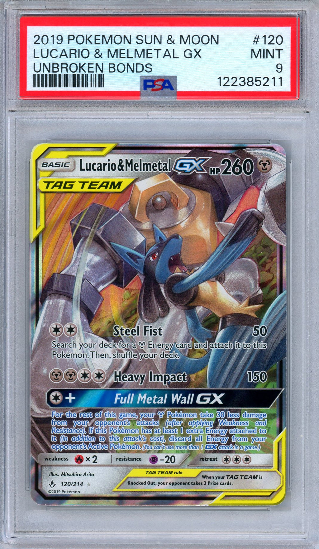 PSA 9 Lucario Melmetal GX 120/214 Unbroken Bonds Ultra Rare Pokemon