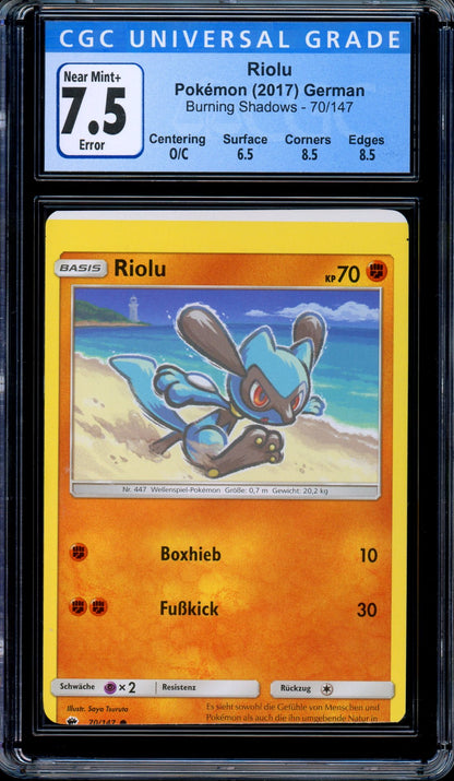 CGC 7.5 Riolu 70/147 Burning Shadows Miscut Error German Pokemon