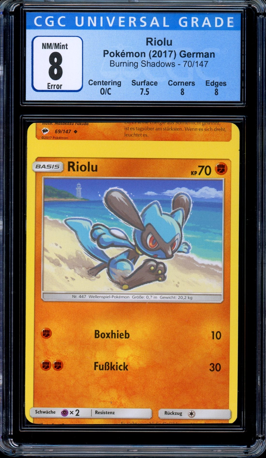 CGC 8 Riolu 70/147 Burning Shadows Miscut Error German Pokemon