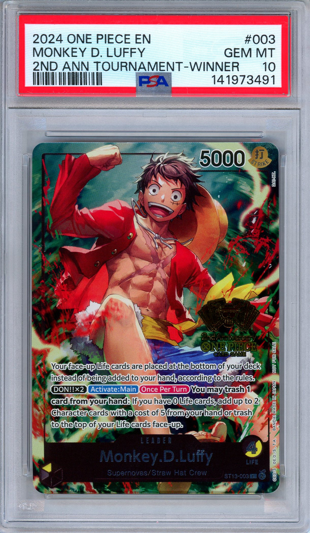 PSA 10 Monkey D. Luffy ST13-003 2nd Anniversary Tournament Winner One Piece