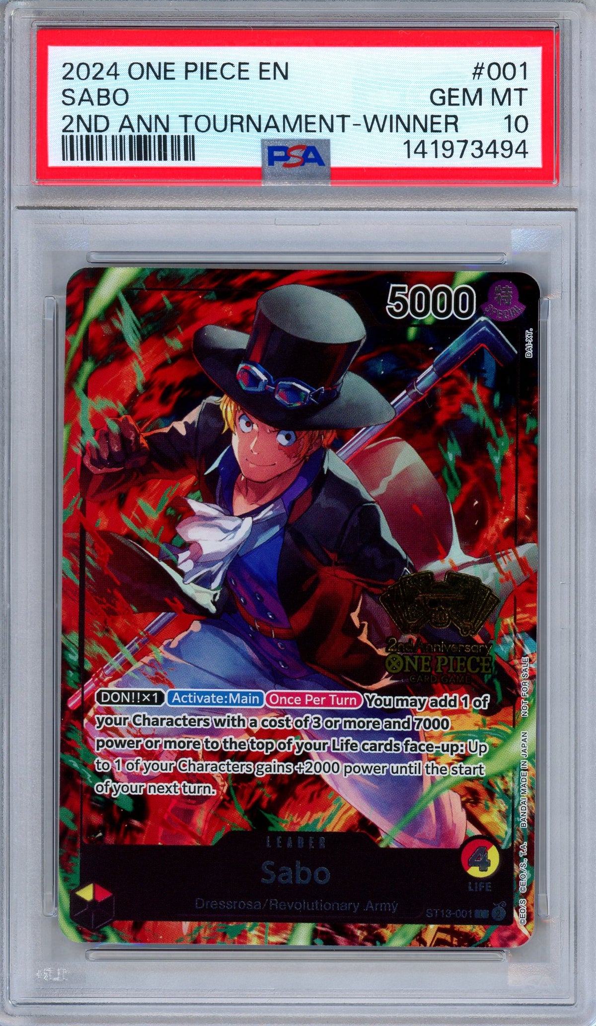 PSA 10 Sabo ST13-001 2nd Anniversary Tournament Winner One Piece