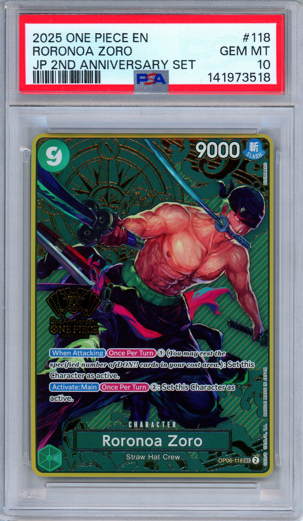 PSA 10 Roronoa Zoro OP06-118 Japanese 2nd Anniversary Set SEC One Piece