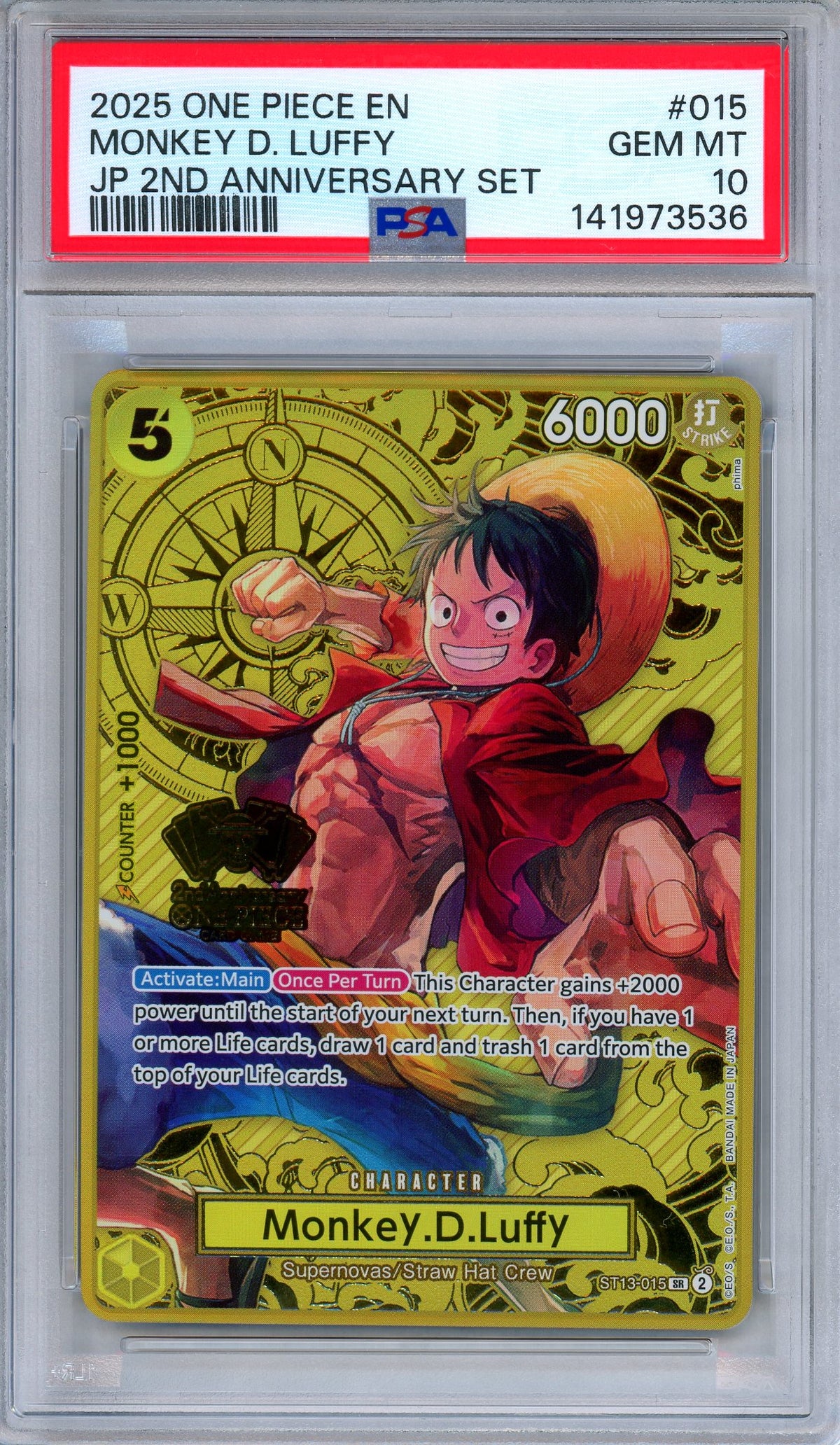PSA 10 Monkey D. Luffy ST13-015 Japanese 2nd Anniversary Set One Piece