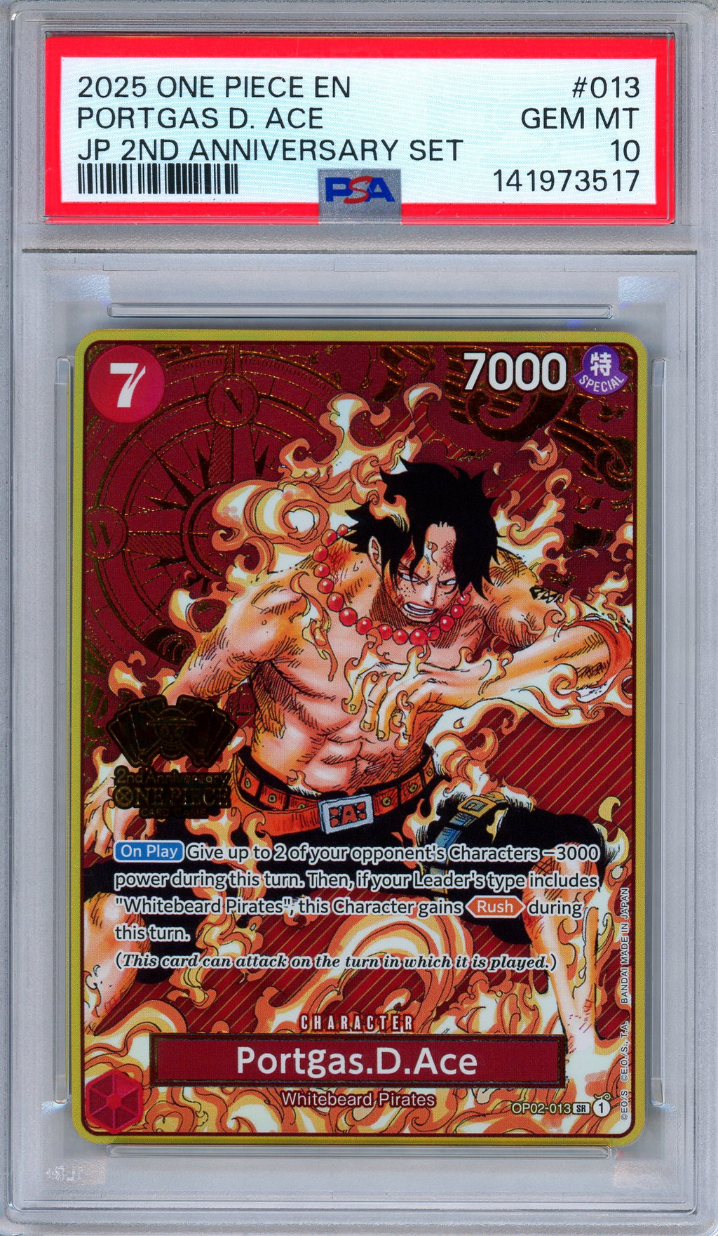 PSA 10 Portgas D. Ace OP02-013 Japanese 2nd Anniversary Set One Piece