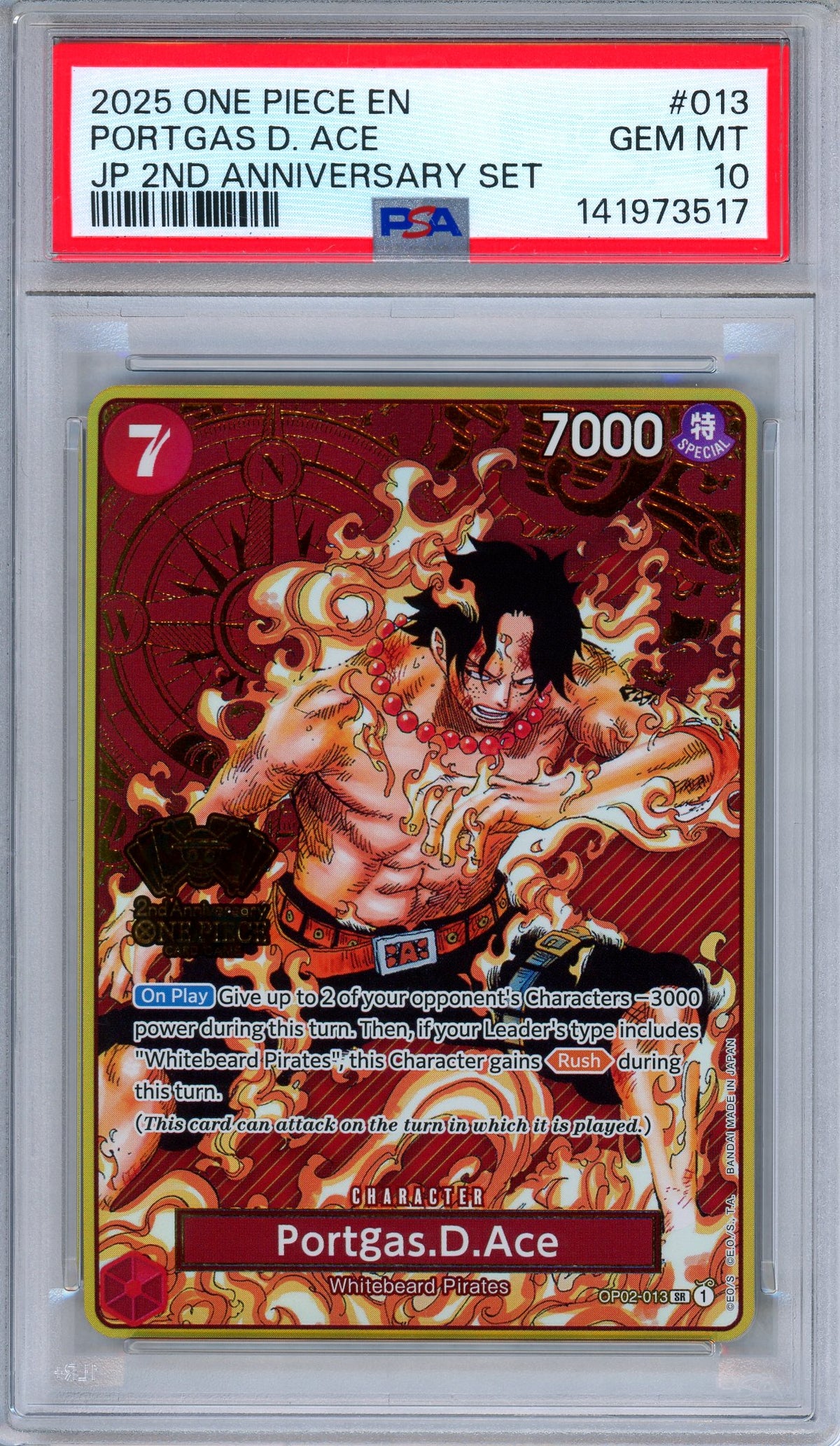 PSA 10 Portgas D. Ace OP02-013 Japanese 2nd Anniversary Set One Piece
