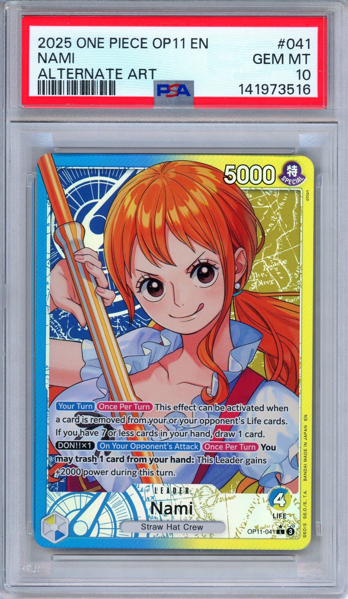 PSA 10 Nami OP11-041 Fist of Divine Speed Alternate Art Leader One Piece