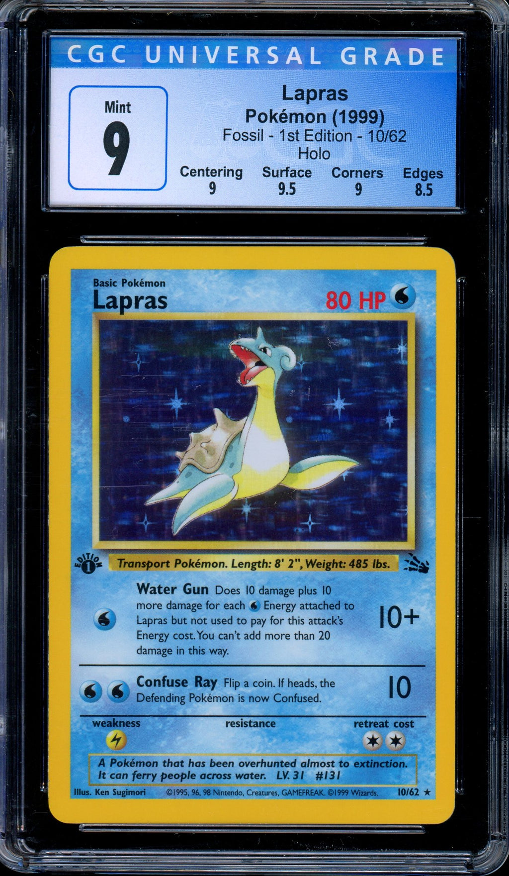 CGC 9 Lapras 10/62 Fossil 1st Edition Holo Rare 1999 Pokemon