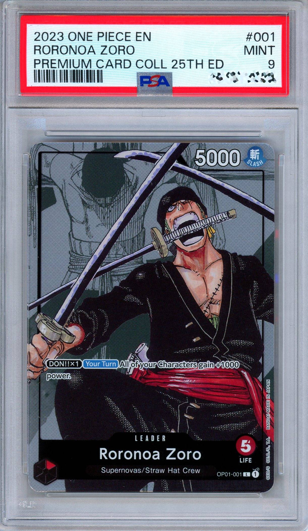 PSA 9 Roronoa Zoro OP01-001 25th Anniversary Premium Card Collection One Piece