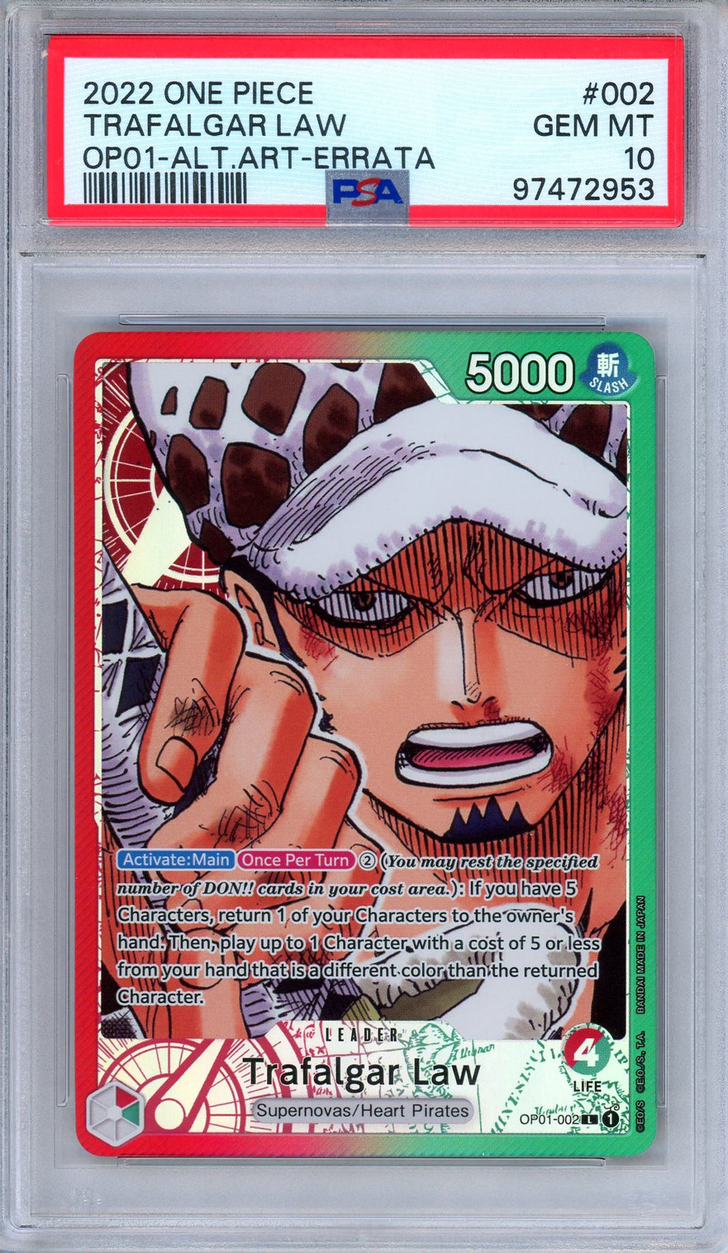 PSA 10 Trafalgar Law OP01-002 Romance Dawn Errata Alternate Art One Piece