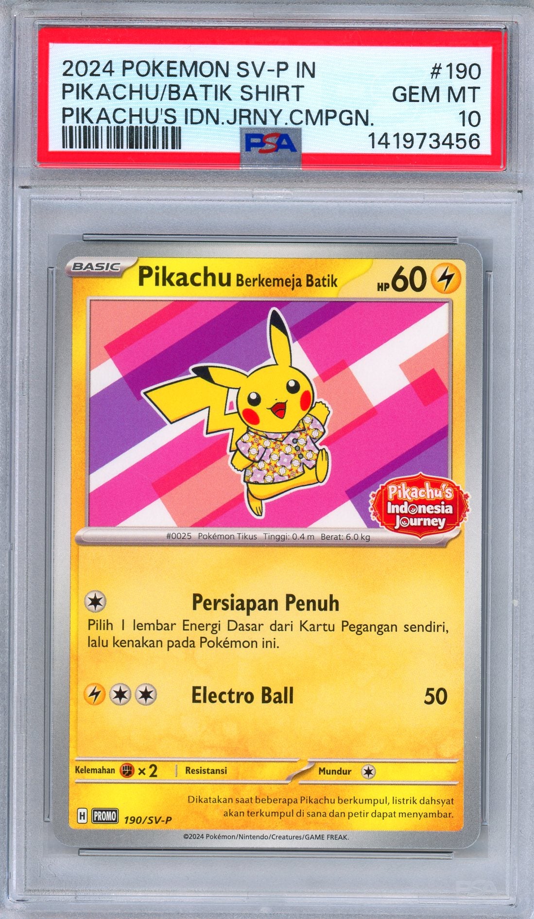 PSA 10 Pikachu Batik Shirt 190/SV-P Pikachu's Indonesian Journey Promo Pokemon