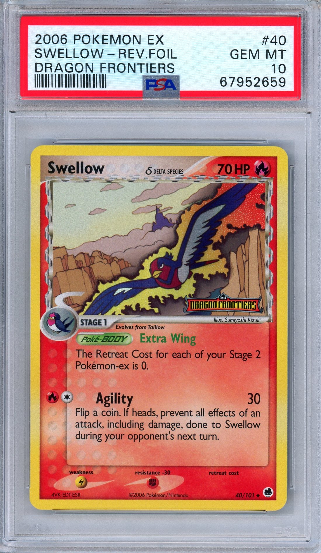 PSA 10 Swellow 40/101 Reverse Holo Rare EX Dragon Frontiers 2006 Pokemon